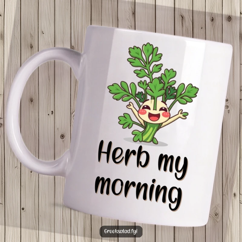 Funny Mug: A happy parsley sprig with a cheerful face performs a somersault, radiating pure joy.