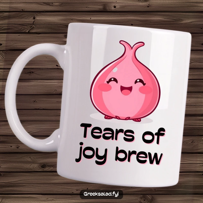 Funny mug with a happy red onion peeking out playfully, a kitchen essential for onion lovers.