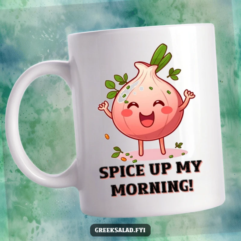 Funny grinning red onion ring character wiggling energetically and sprinkled with herbs on a mug, a hilarious foodie gift.