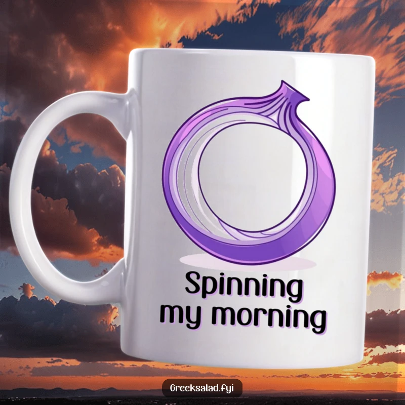 Funny purple onion ring playfully spinning on its edge, showcasing a whimsical and humorous personality on a mug.