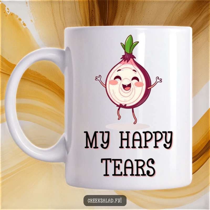 Funny Red Onion Jig Mug: A happy red onion slice joyfully dances, showcasing its gleeful spirit.