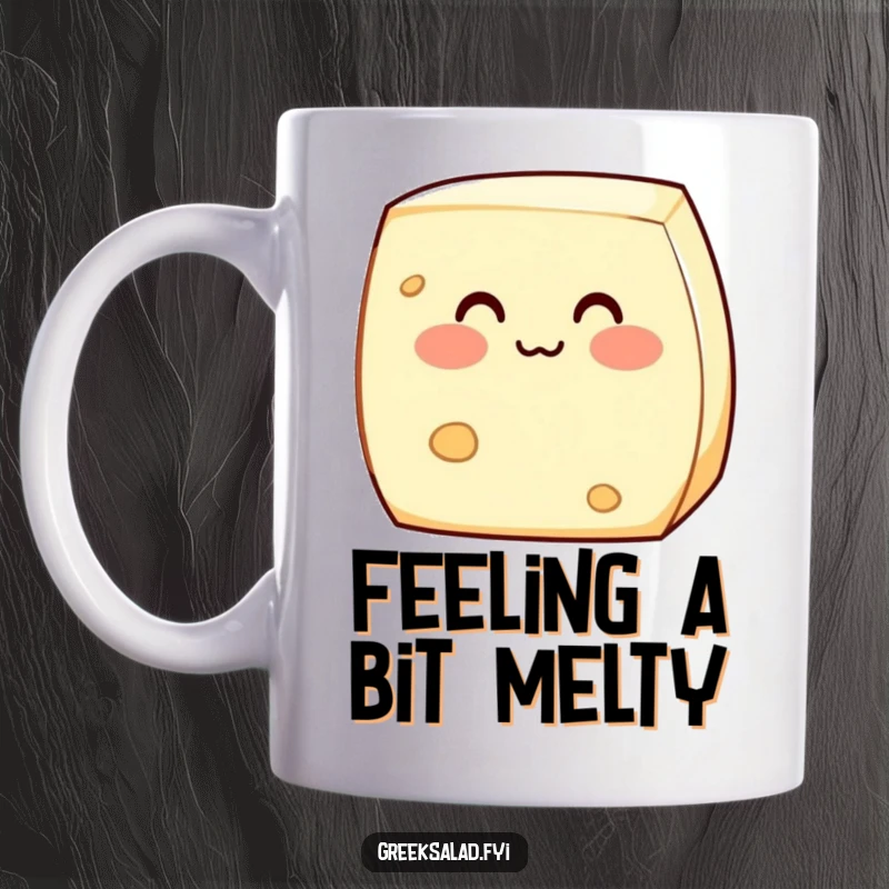 Funny mug showing a cute, shy block of feta cheese with rosy cheeks, blushing bashfully, perfect for dairy lovers.