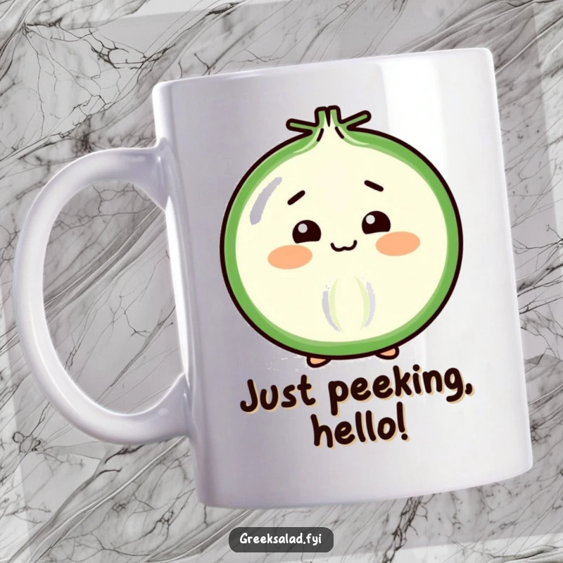 Funny Mug featuring a cheerful, shy onion slice performing a polite and humble bow, conveying sweet, gentle humor.