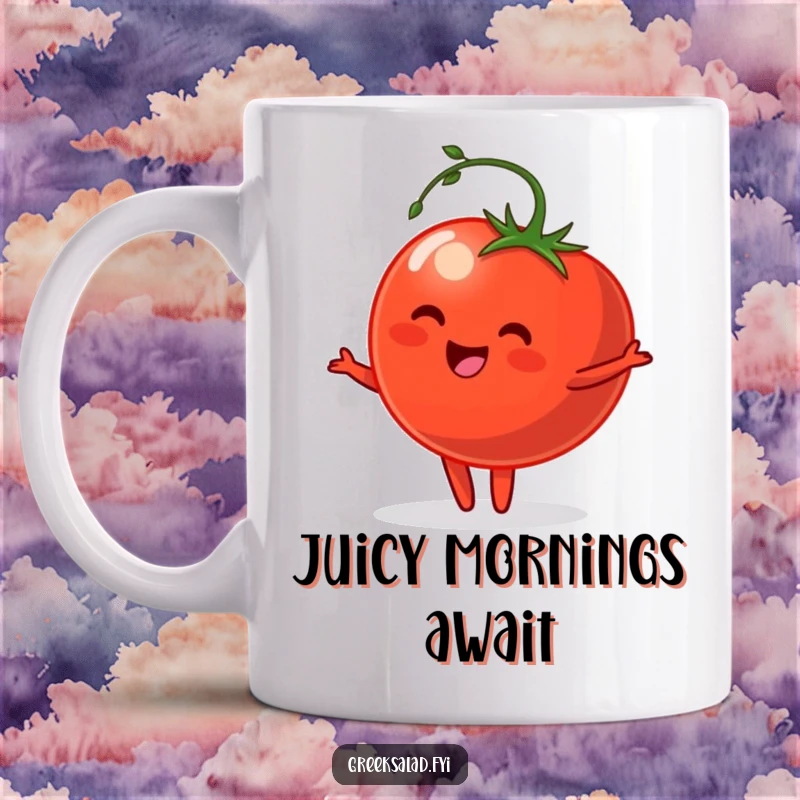 Funny Mug showcasing a happy tomato with a stem performing a gentle pirouette, full of garden charm and playful movement.