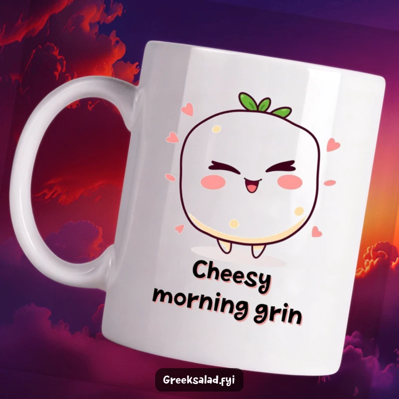 Funny jolly feta cheese character winking mischievously, a hilarious and quirky gift for cheese lovers and pranksters.