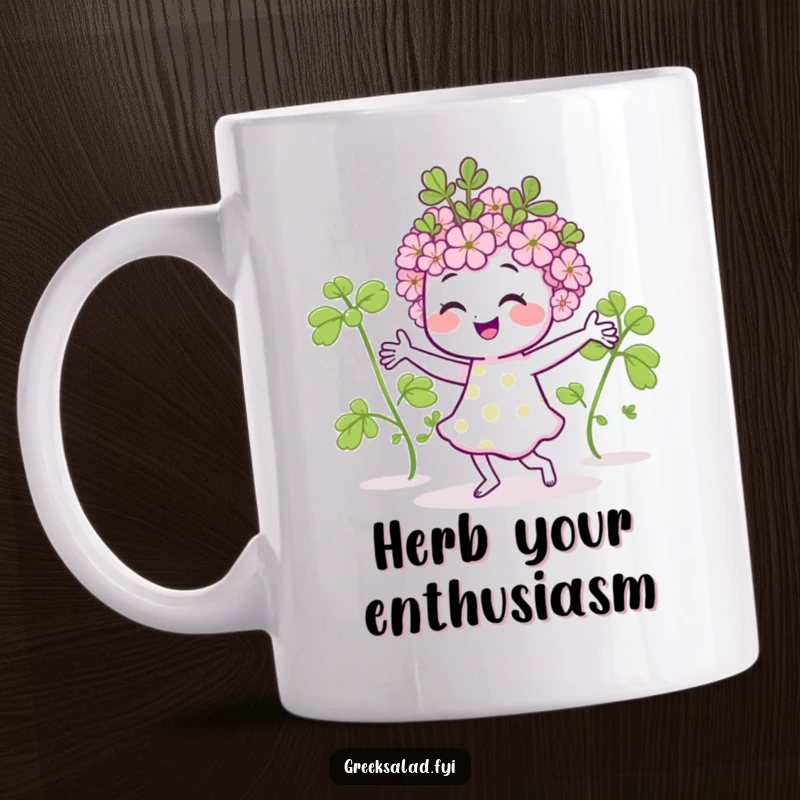 Funny mug featuring a smiling oregano sprig enthusiastically dancing, bringing joy and laughter to your coffee or tea time.