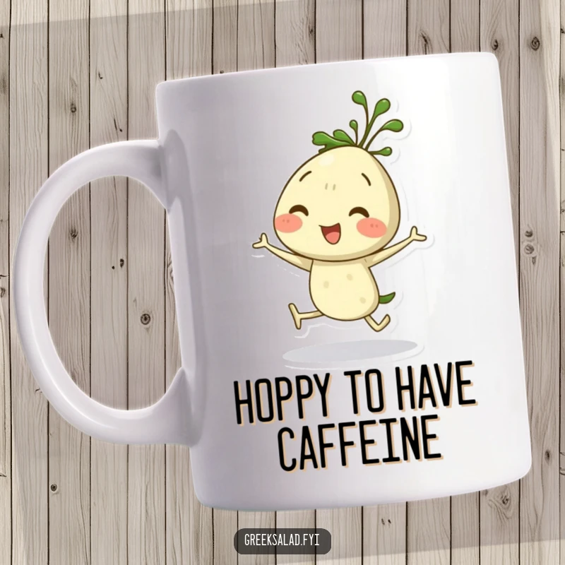 Funny dill sprig mug featuring a cute herb character doing a joyful hop, perfect for kitchen humor and herb lovers.