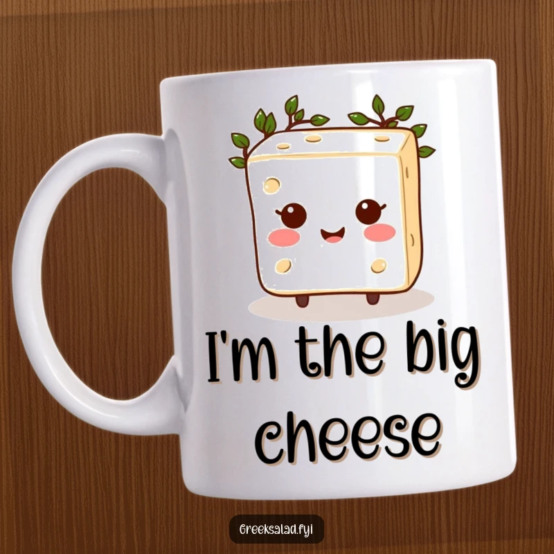 Funny Feta Cheese Cube Mug: A victorious, smiling feta block with a laurel wreath, looking like a tiny Greek god, ready to conquer breakfast.