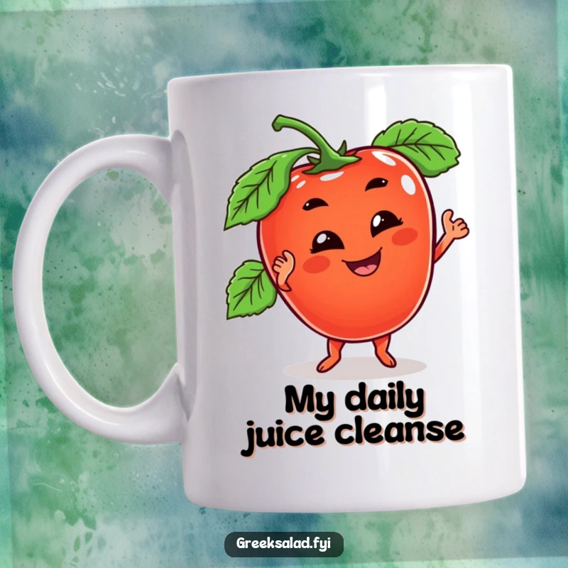Funny mug featuring a tomato character with a goofy grin, energetically doing a wobbly dance, radiating pure, silly fun.