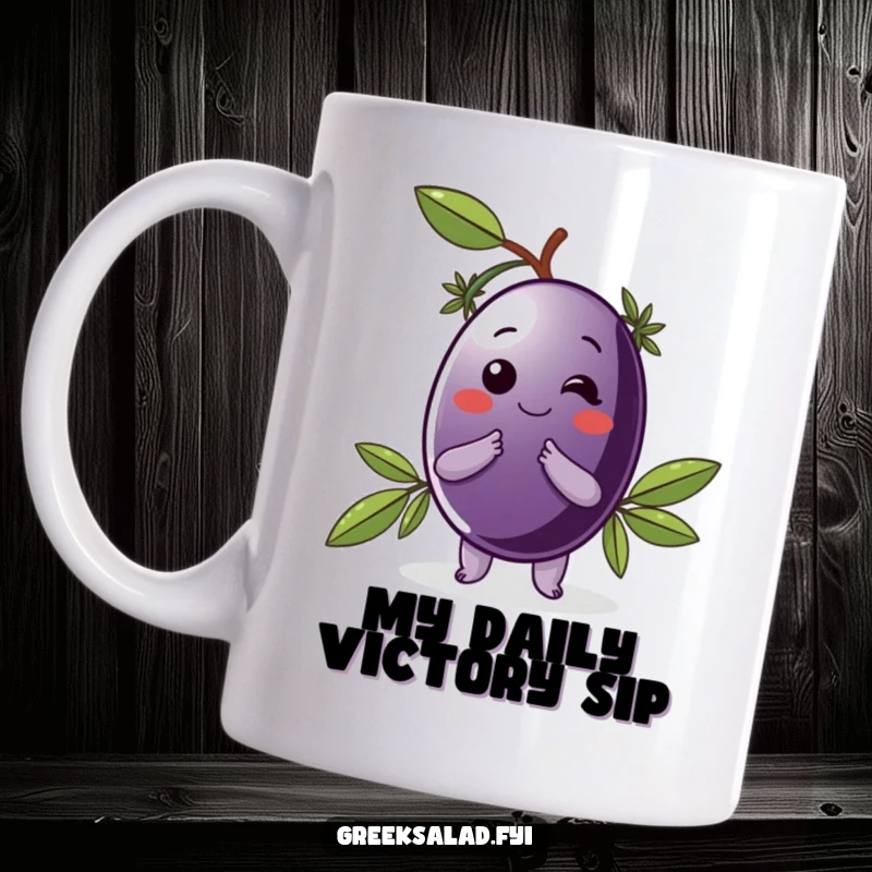 Funny mug featuring a delighted Kalamata olive in a laurel wreath, taking a classy bow, embodying Mediterranean charm.