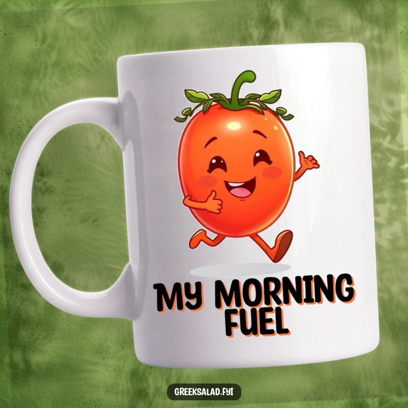 Funny mug showing a cheerful tomato wearing a tiny laurel wreath, jogging happily and looking fit.