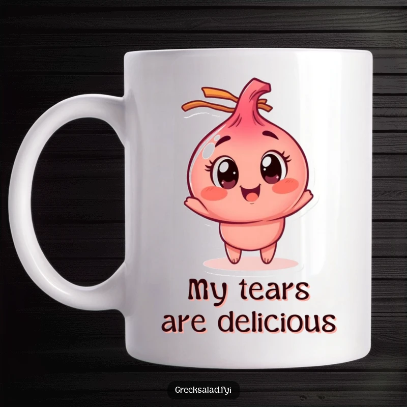 Funny red onion mug with a wide-eyed character joyfully spinning, a unique and humorous gift for veggie enthusiasts.