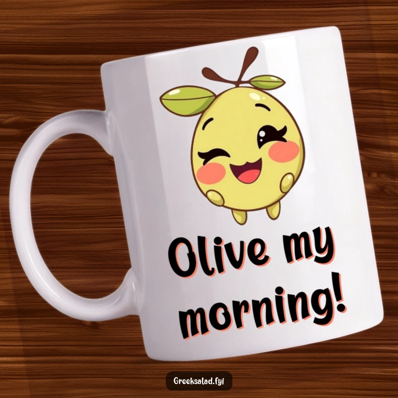 Funny mug with a smiling anthropomorphic olive character, complete with a pit, playfully winking at the viewer.