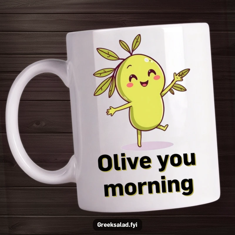 Funny smiling olive character doing a playful dance, a hilarious and charming gift for lovers of quirky food art.