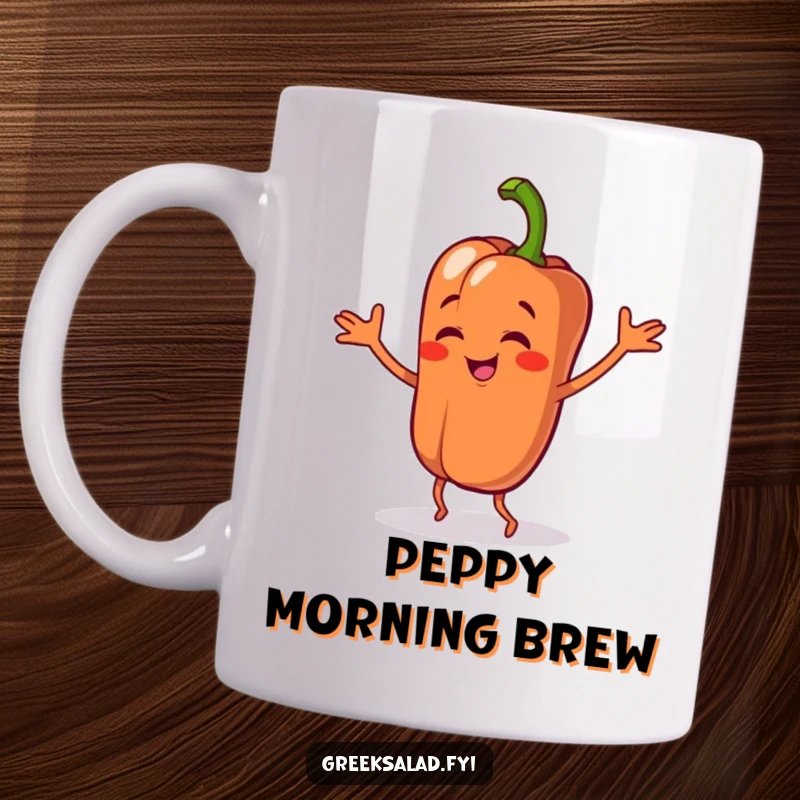 Funny mug featuring a bell pepper character performing a silly, energetic dance, spreading veggie-themed joy and humor.