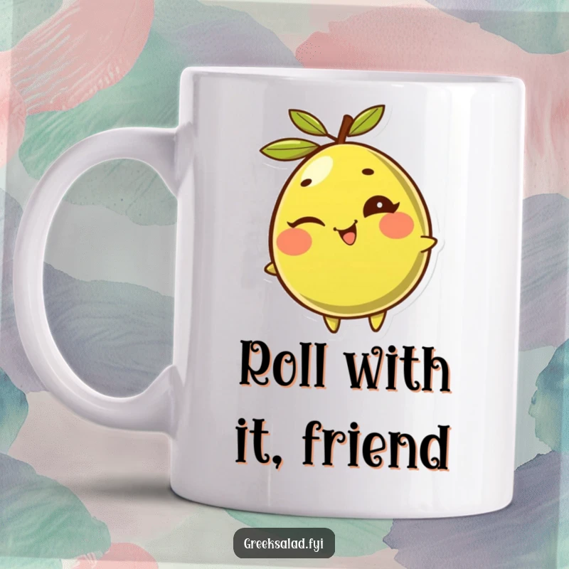 Funny Olive Mug: A giggling green olive winks naughtily as it rolls with pure, unadulterated glee, spreading laughter.