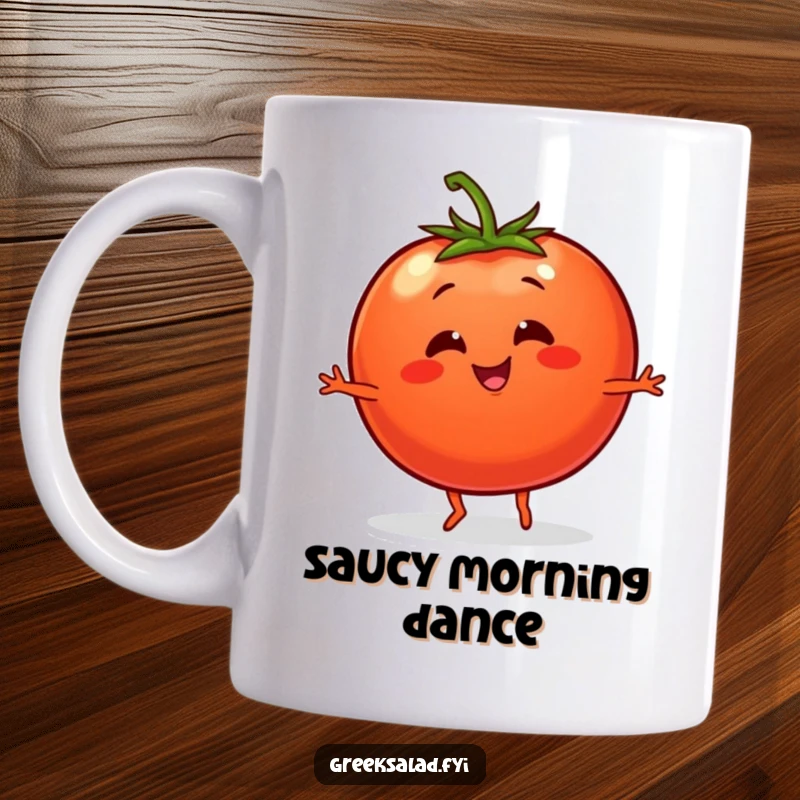 Funny mug with a smiling tomato character with tiny legs performing an energetic and lively dance move.