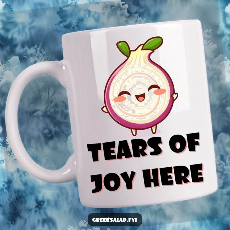 Funny mug featuring a giggling red onion slice doing a playful spin, perfect for adding humor to your coffee break.