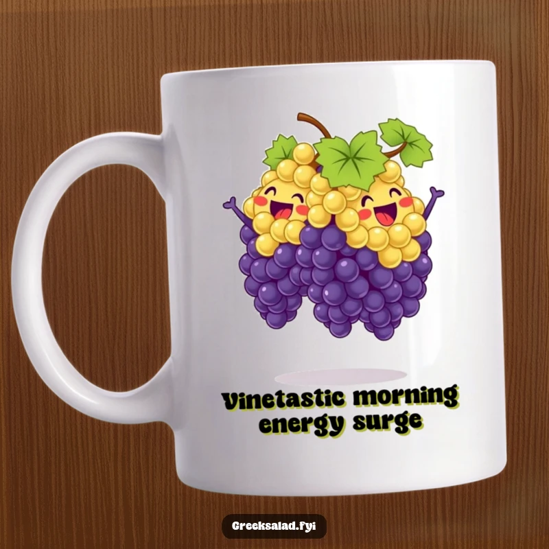 Funny mug showcasing a bunch of happy grapes performing a synchronized jumping dance, radiating pure joy and energy.