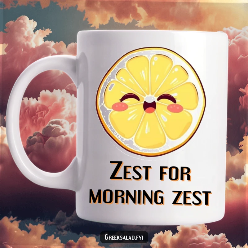 Funny mug showing a giggling lemon slice winking mischievously, radiating pure citrusy fun and playful energy.