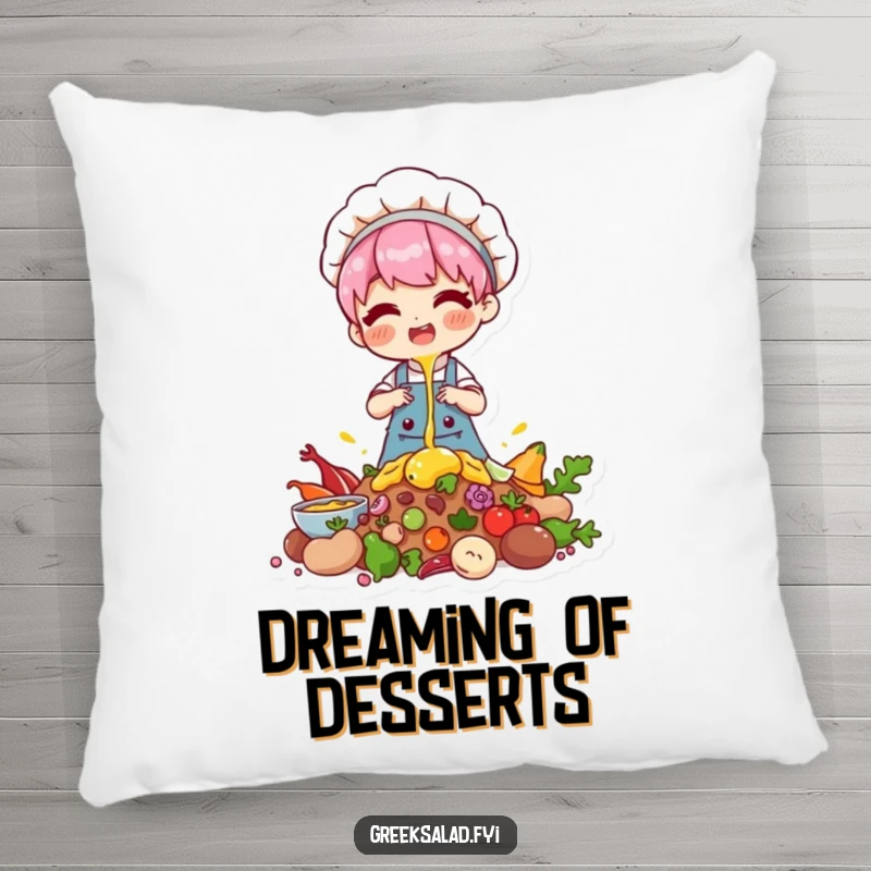 Funny pillow with a chef character happily drizzling over ingredients, adding comfort and a touch of culinary fun.