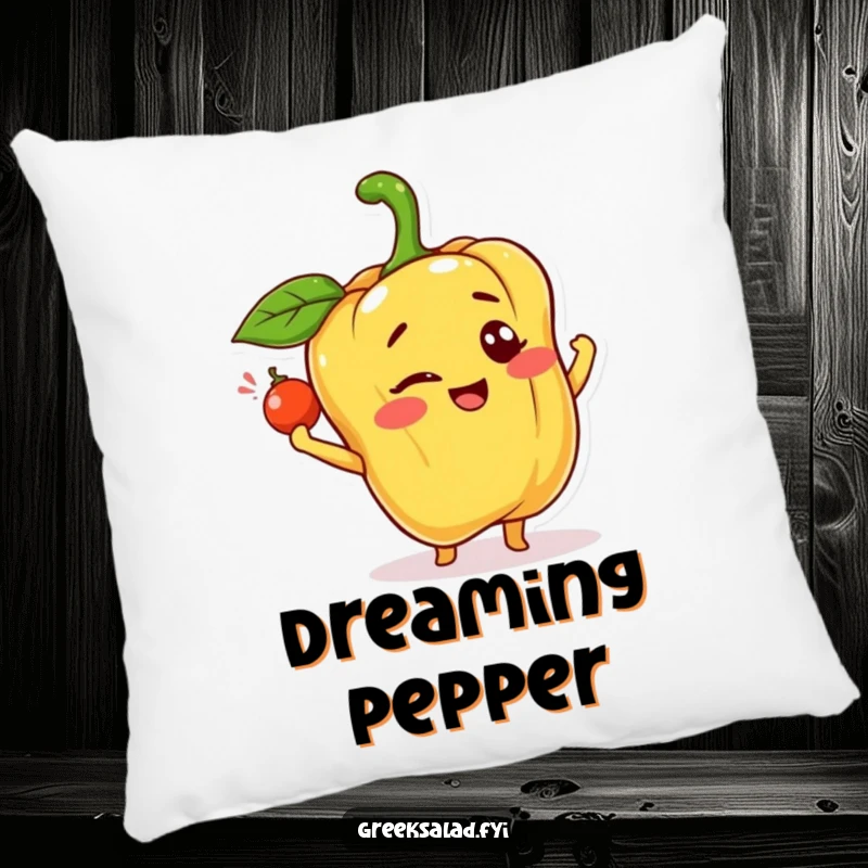 Funny, plush pillow featuring a happy bell pepper character winking and tossing a caper, offering cozy cheer and humor.