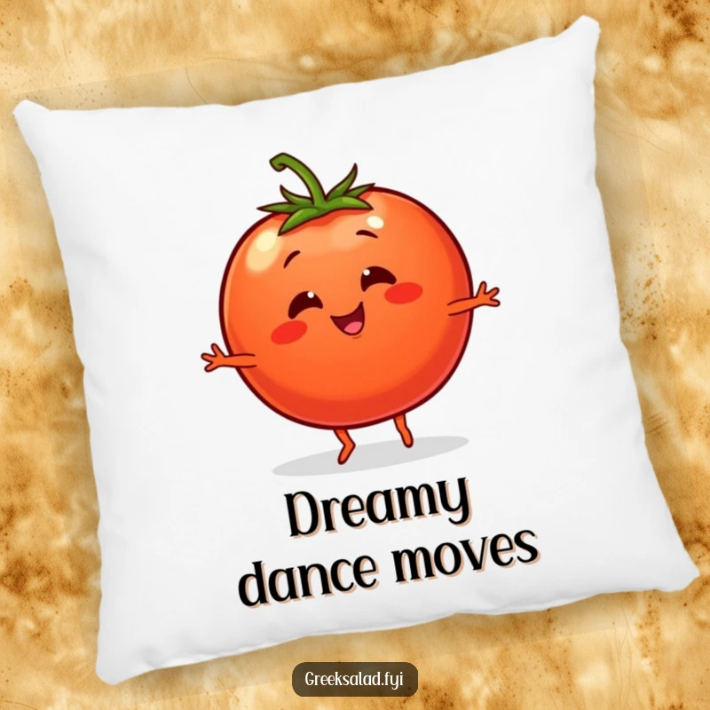 Funny pillow with a smiling tomato character with tiny legs doing a lively dance, bringing comfort and cheer.