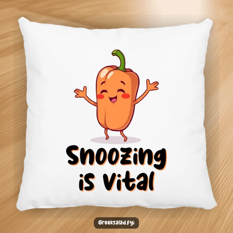 Funny pillow featuring a bell pepper character dancing playfully, offering plush comfort and a cheerful, vegetable-themed touch.