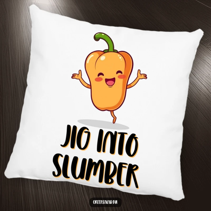 Funny pillow with a cheerful bell pepper character doing a happy jig with a flourish, perfect for adding lively comfort.