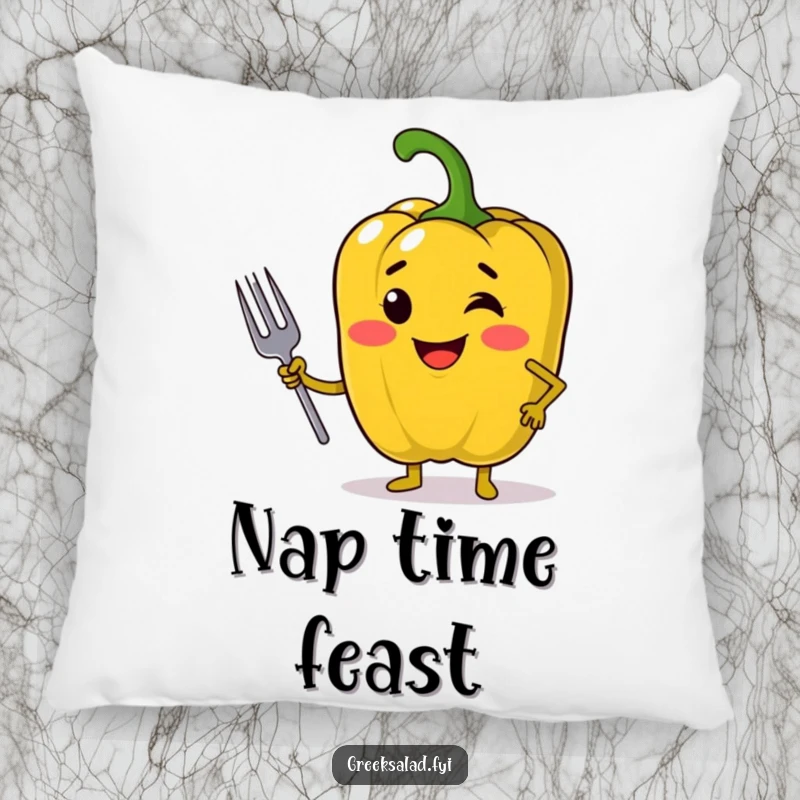 Funny pillow graphic of a jolly bell pepper striking a confident pose with a mini fork, ideal for adding a foodie and humorous touch to decor.