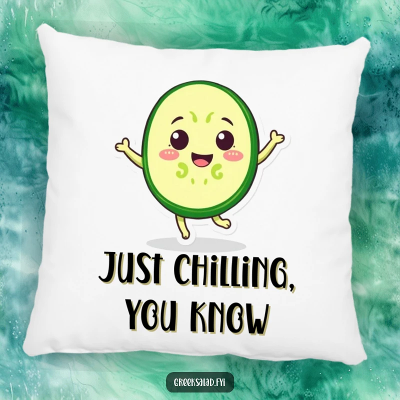 Funny Pillow with a soft, plush texture and a cheerful cucumber slice performing a delightful jump, perfect for adding whimsy.