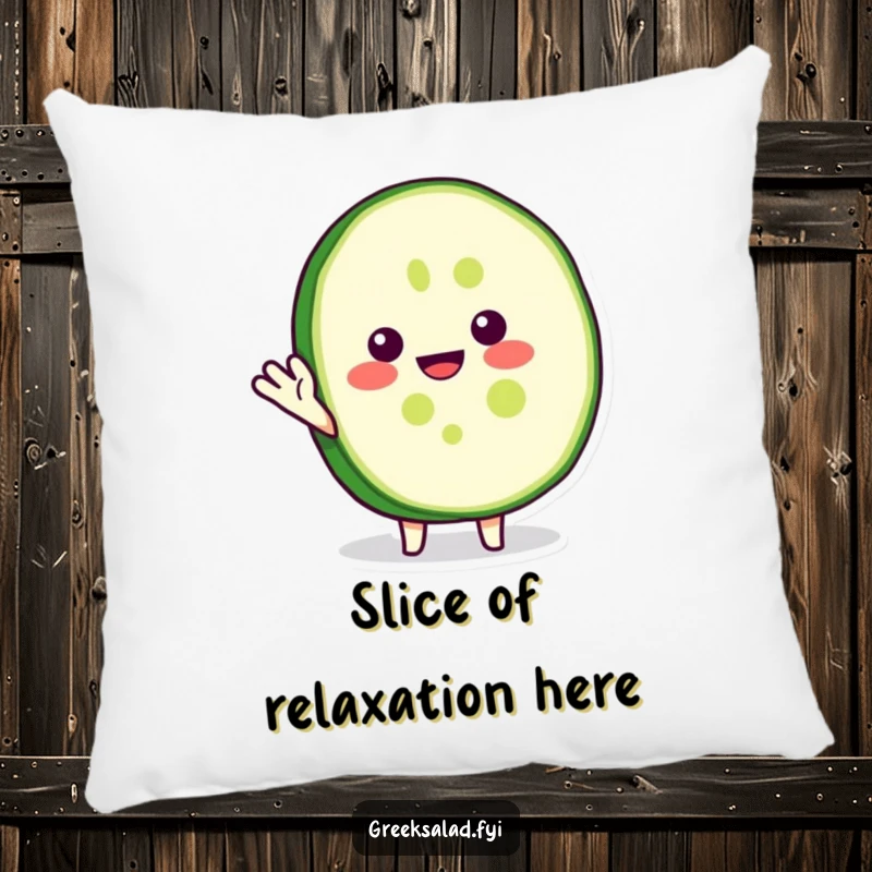 Funny pillow featuring a cheerful cucumber slice character waving hello, providing comfort and a touch of vegetable humor.