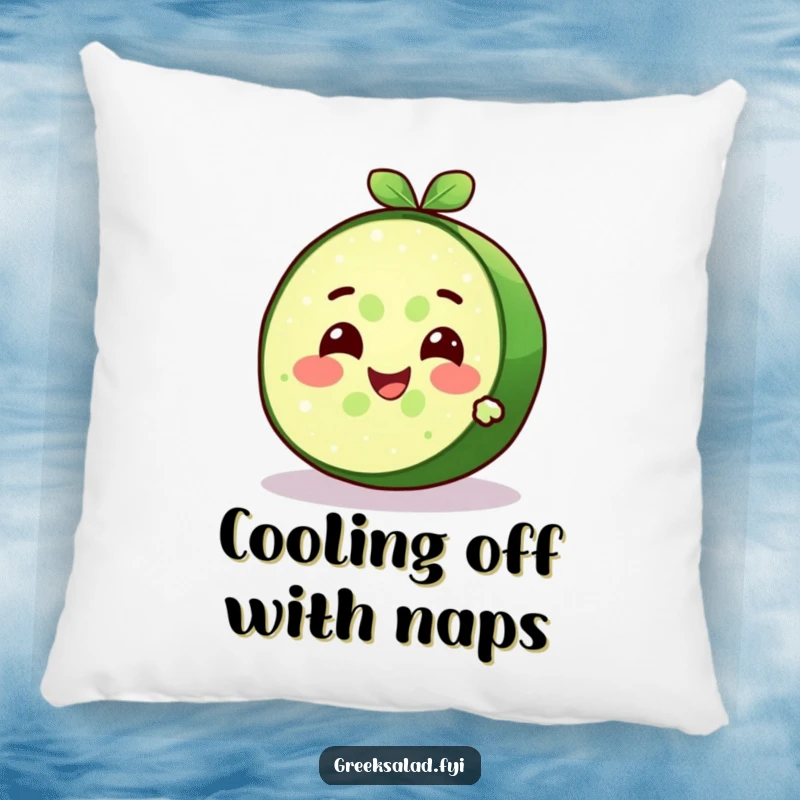 Funny delighted cucumber slice character with a cool expression and refreshing smile, featured on a soft and cool pillow.