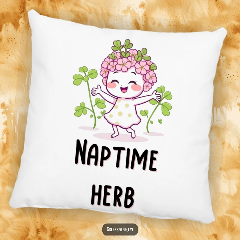 Funny pillow featuring a happy dancing oregano sprig, offering plush comfort and a touch of herb-themed humor.