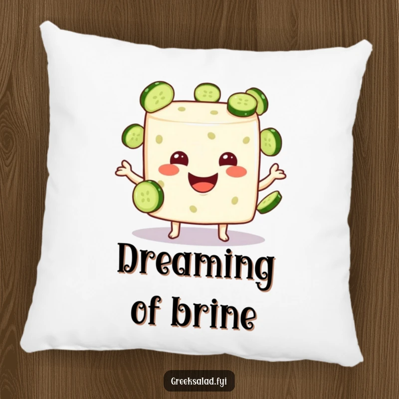 Funny feta cheese cube character smiling widely while juggling tiny cucumber slices, plush pillow for decoration.
