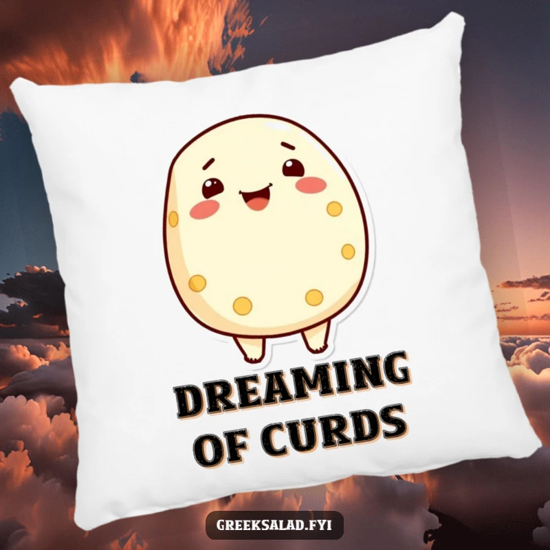 Funny pillow featuring a proud feta cheese character beaming with joy, providing comfort and a touch of dairy humor.