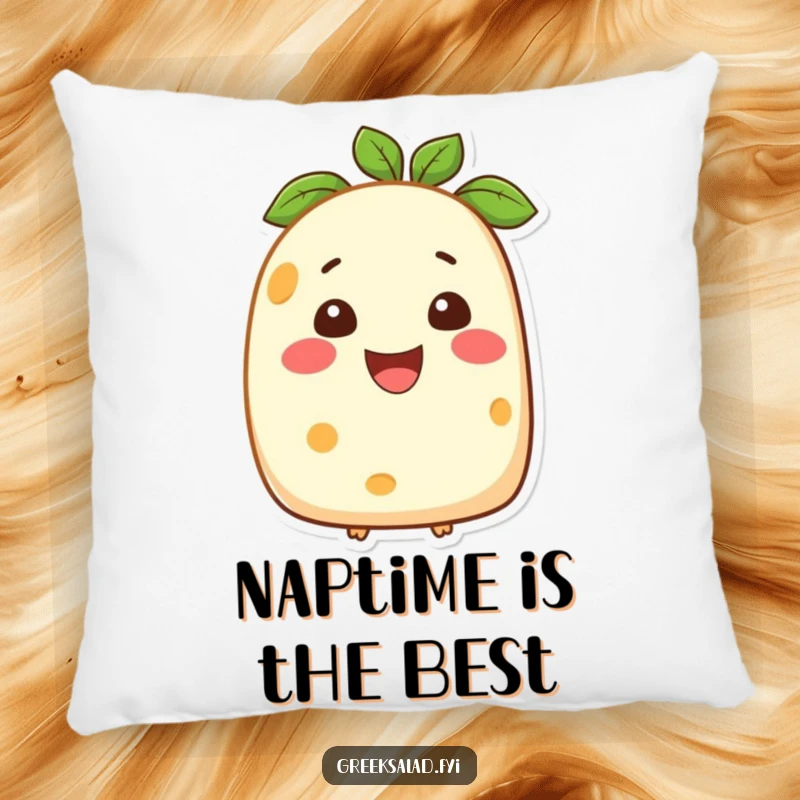 Funny pillow featuring a smiling feta cheese character, offering plush comfort and a cheerful, dairy-themed touch.