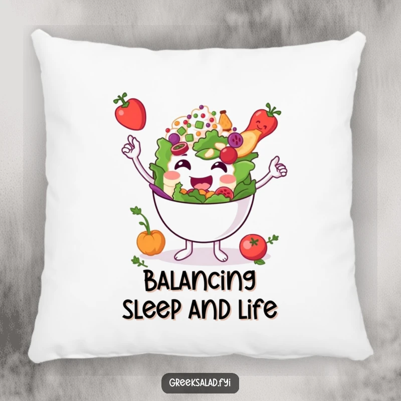 Funny smiling Greek salad bowl character balancing ingredients on a soft pillow, providing comfort with a balanced and humorous touch.