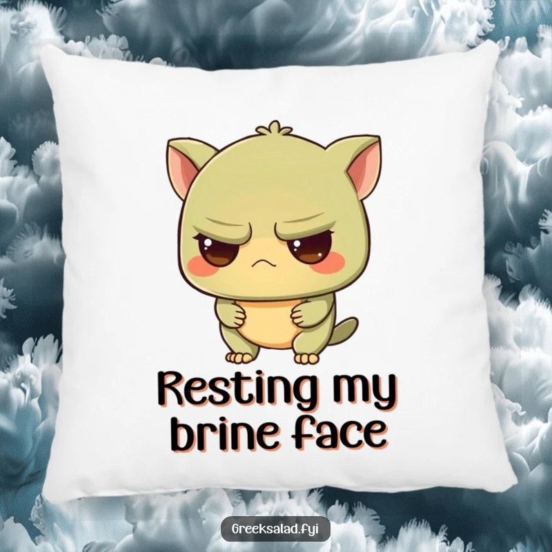 Funny pillow illustration of a grumpy olive character looking intrigued, offering cozy comfort and a delightful dose of dry, witty humor.