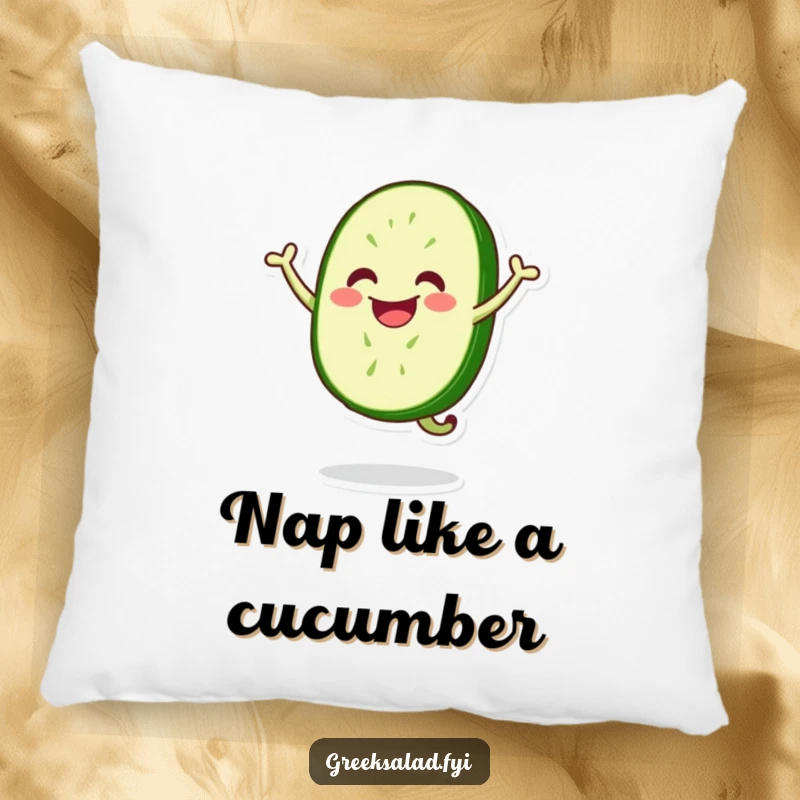 Funny pillow featuring a cheerful cucumber slice with a smile, captured in a lively happy jump, perfect for adding a humorous touch.