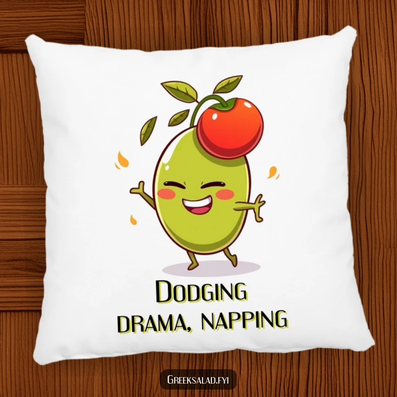 Funny olive character with a mischievous grin, comically dodging a flying tomato, depicted on a soft and humorous pillow.