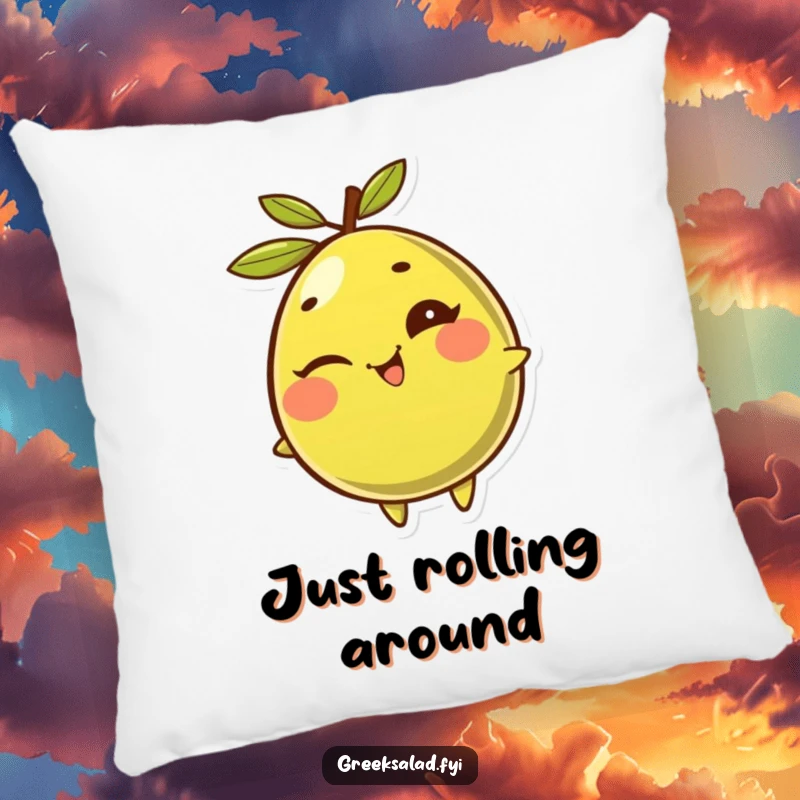 Funny Olive Pillow: A giggling, winking olive rolls with pure mirth, offering plush comfort and playful vibes.