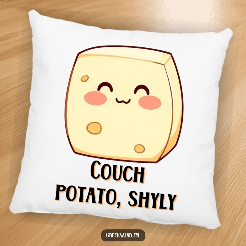 Funny pillow illustration of a shy feta cheese block blushing adorably, offering cozy comfort and a delightful dairy-themed charm.