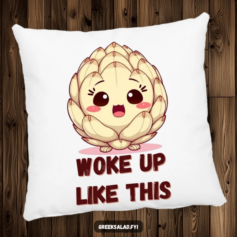 Funny pillow featuring a surprised artichoke heart peeking, offering plush comfort and a touch of vegetable humor.