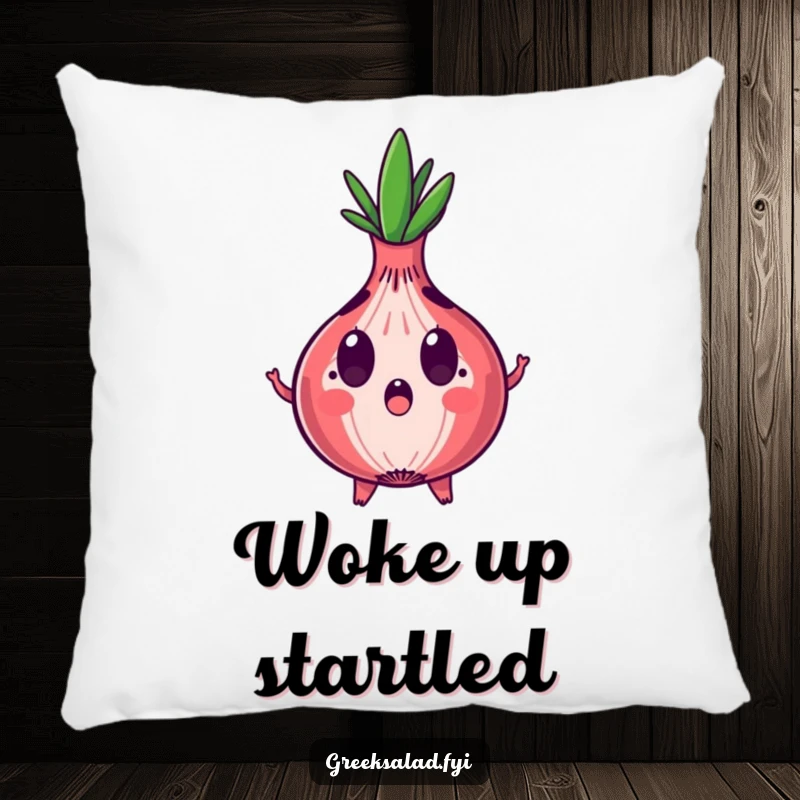 Funny, plush pillow featuring a surprised red onion character with expanding rings, offering cozy comfort and humorous shock.