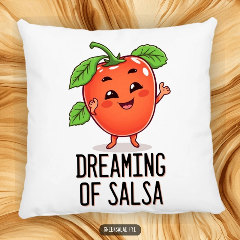 Funny pillow featuring a cheerful tomato character with a goofy grin, doing a wobbly dance, adding cute and humorous charm.