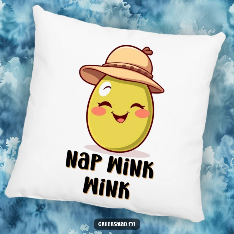 Funny pillow with a cheerful olive character wearing a jaunty hat and giving a playful wink, perfect for adding cozy charm.