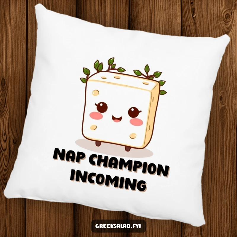Funny Feta Cheese Pillow: A plump, happy feta cheese cube wearing a laurel wreath, offering comfort and cheesy cheer.