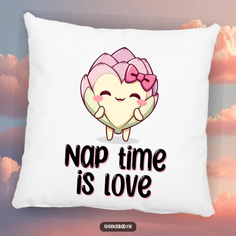 Funny delighted artichoke heart character performing a graceful bow, plush pillow for relaxation.