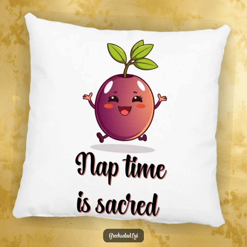 Funny Kalamata olive character with stem hopping with delight on a comfortable pillow, a humorous home accent.